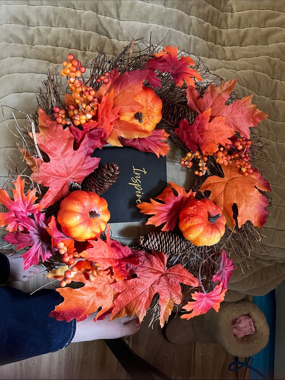 Autumn Pumpkin & Maple Leaf Wreath - Orange Fall Door Accent